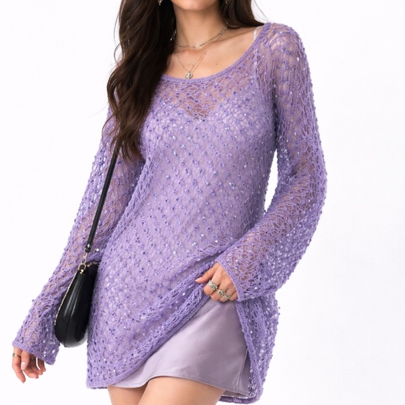 Vintage Sweaters - Y2K SMOOCHES 90s Open Knit Sequin Oversized Long Layer Sweater Fairy Grunge Sz M